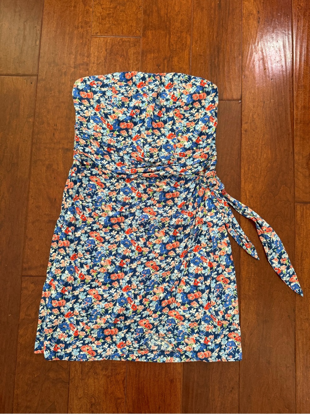 Sezane Floral Strapless Tie-Waist Dress - Blue & Coral